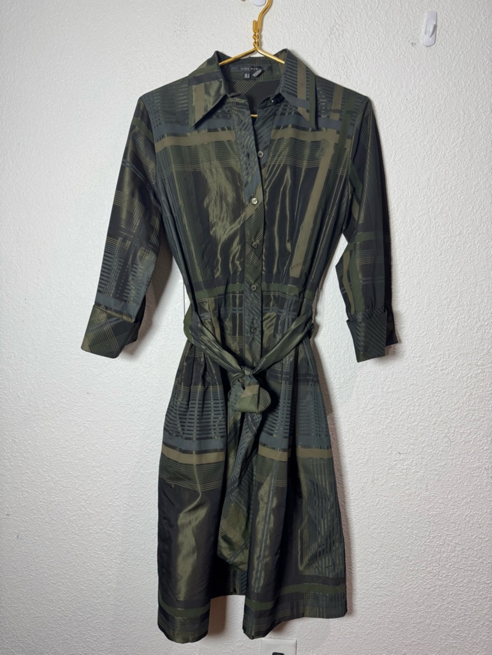 Zara Woman dark green plaid belted button down maxi dress Medium long sleeve